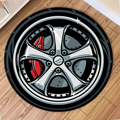 Car Wheel Rim Design Round Anti-Slip Rug – Racing Style Floor Mat for Home Garage Decor