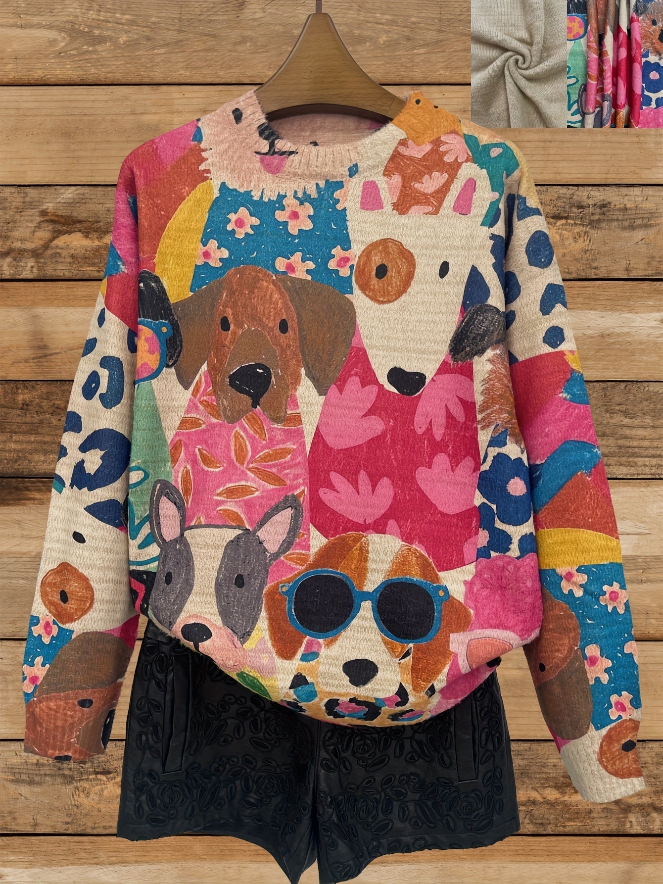 All-Over Print Cartoon Dog Pattern Thick Casual Crew Neck Long Sleeve Sweater Women's Clothing