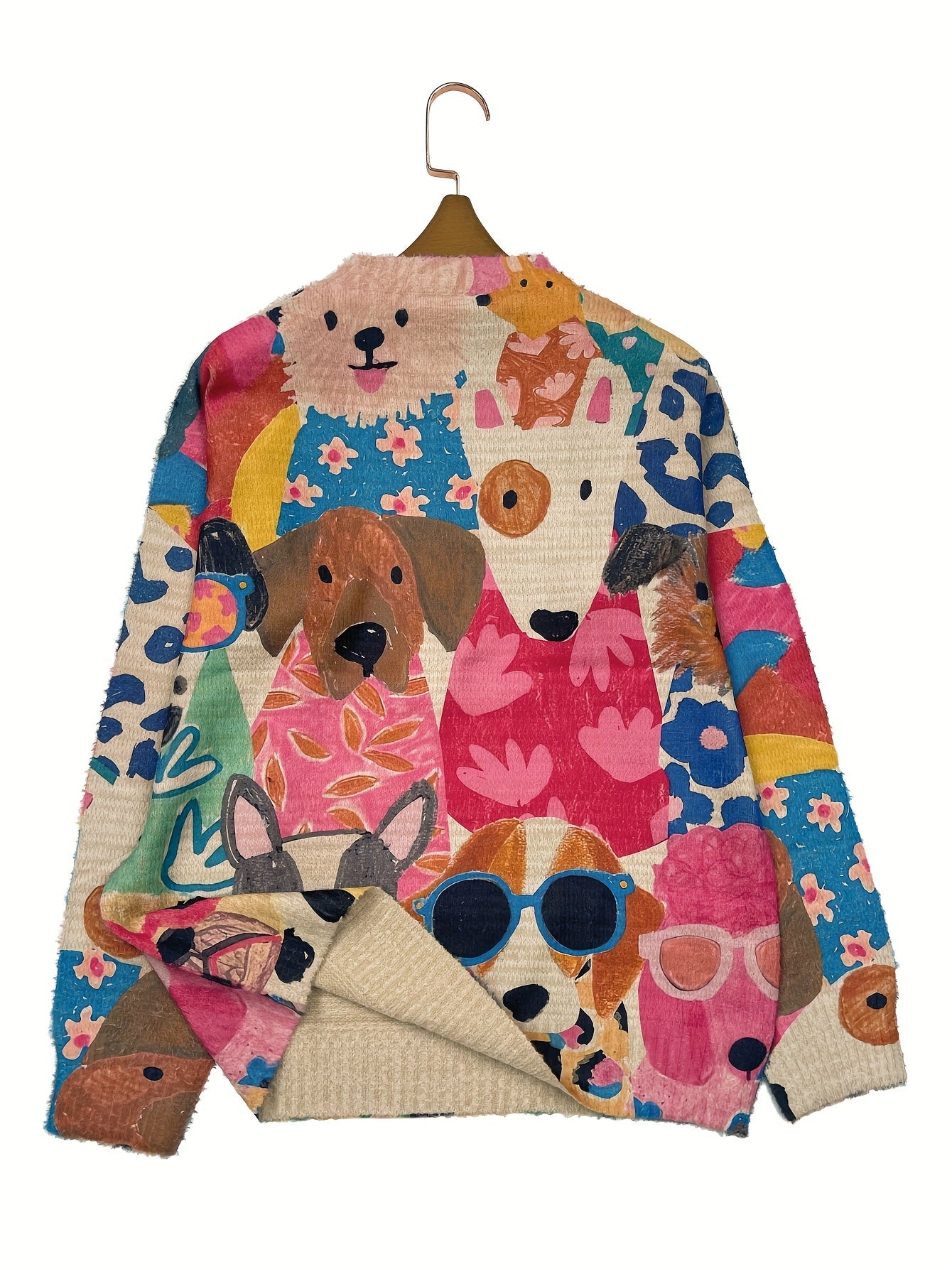 All-Over Print Cartoon Dog Pattern Thick Casual Crew Neck Long Sleeve Sweater Women's Clothing