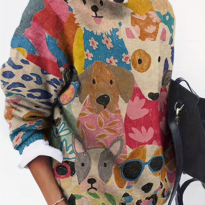 All-Over Print Cartoon Dog Pattern Thick Casual Crew Neck Long Sleeve Sweater Women's Clothing