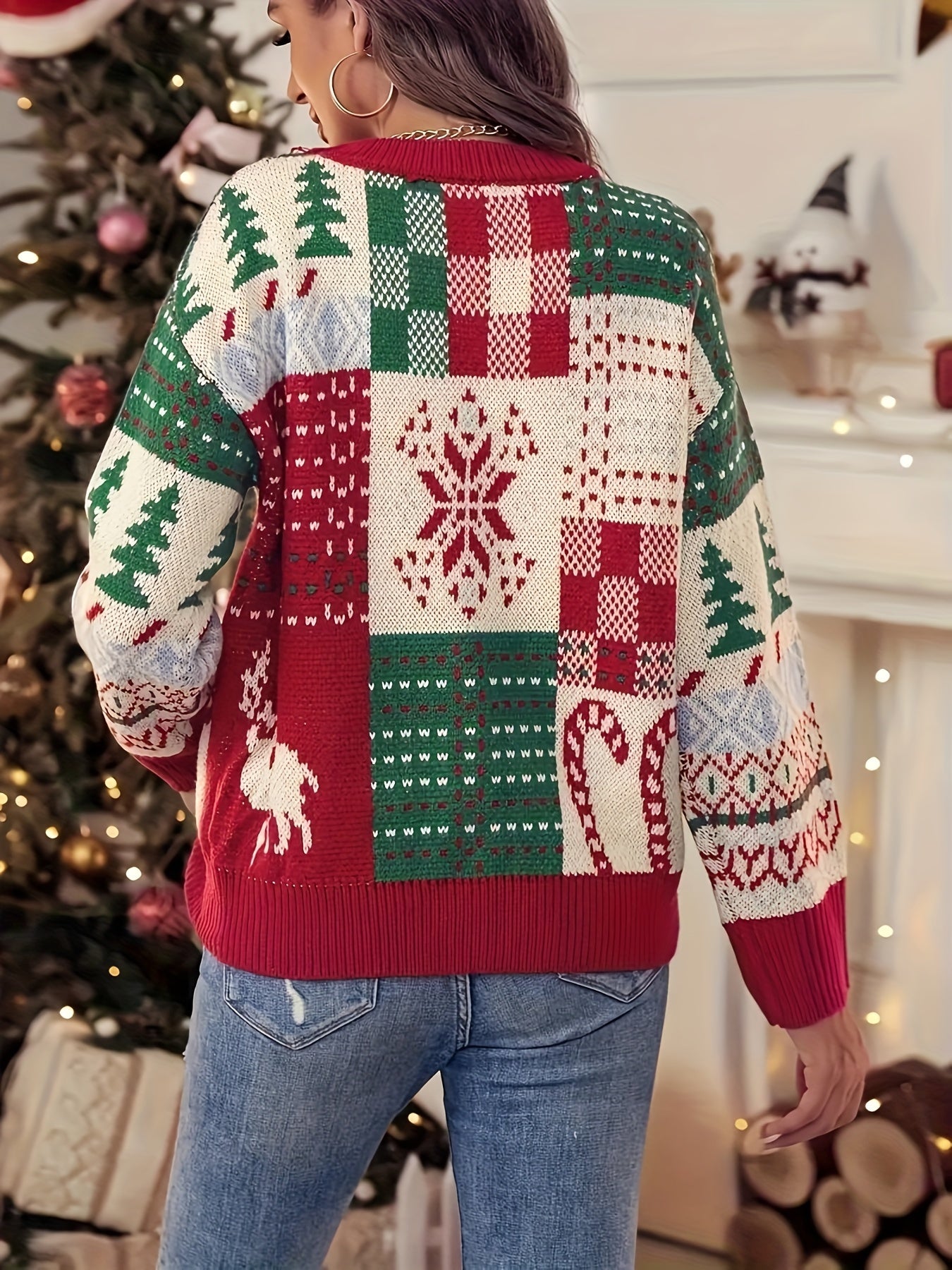Christmas Pattern Pullover Sweater Casual Crew Neck Long Sleeve For Fall & Winter Women's Plus Size Clothing