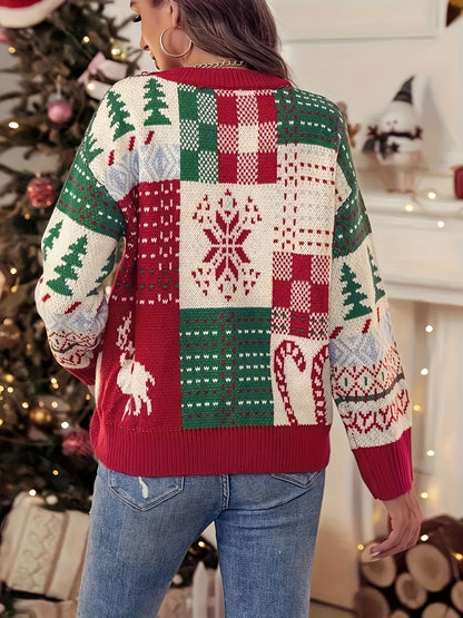 Christmas Pattern Pullover Sweater Casual Crew Neck Long Sleeve For Fall & Winter Women's Plus Size Clothing