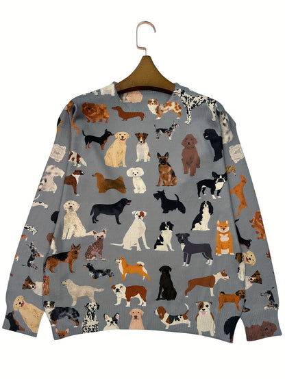 Lightweight Women's Sweater Round Neck Long Sleeves Dog Printed Casual Design