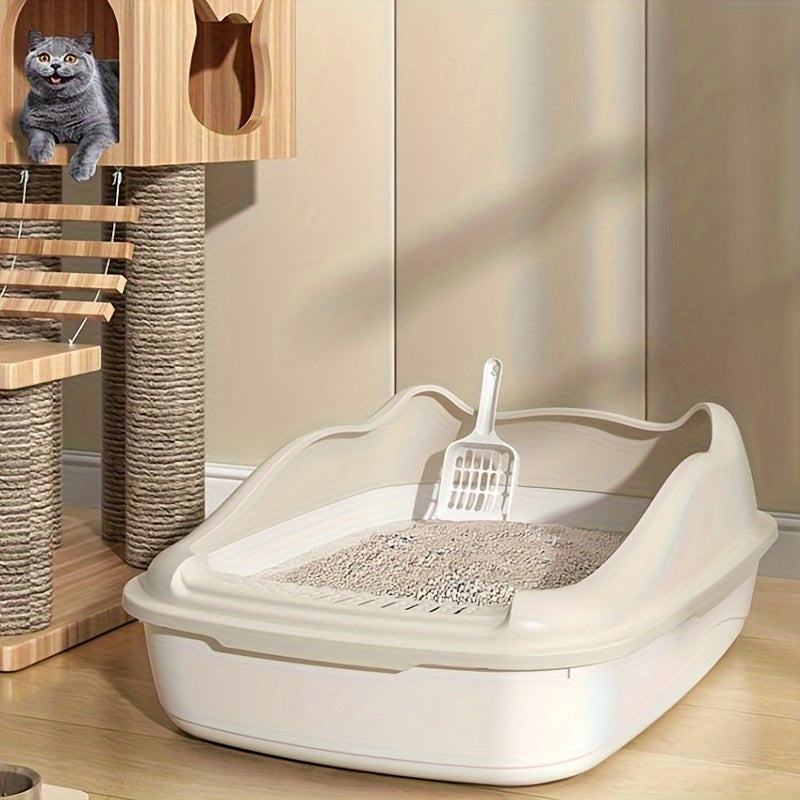 Extra-Large Semi-Enclosed Cat Litter Box with Anti-Splash Design, Easy Clean & Portable Beige