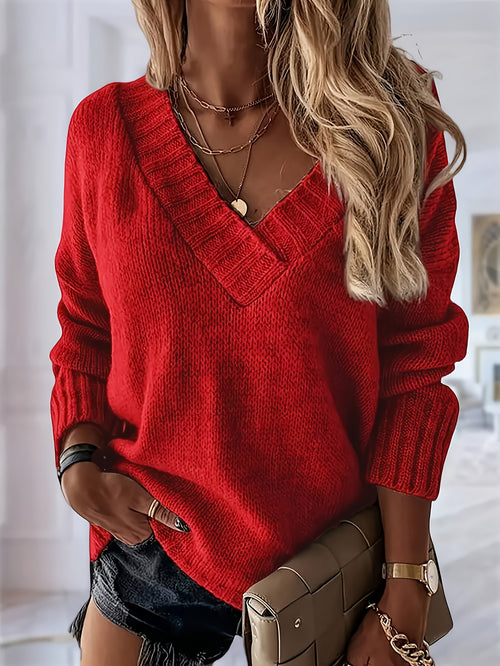 Women's Elegant V-Neck Sweater Pullover, Non-Transparent Fall/Winter Casual Wear Design