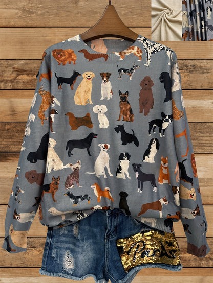 Lightweight Women's Sweater Round Neck Long Sleeves Dog Printed Casual Design