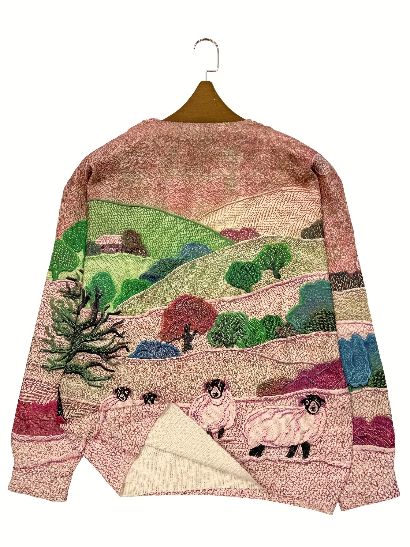 Women's Lightweight Sweater All-Over Pastoral Print with Sheep Long Sleeve Round Neck Pullover Casual Design