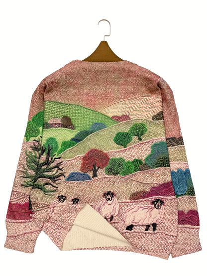 Women's Lightweight Sweater All-Over Pastoral Print with Sheep Long Sleeve Round Neck Pullover Casual Design