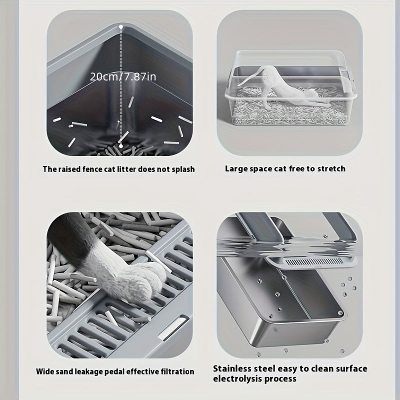 Large Stainless Steel Cat Litter Box with Scoop Metal Tray Suitable for Big Cats