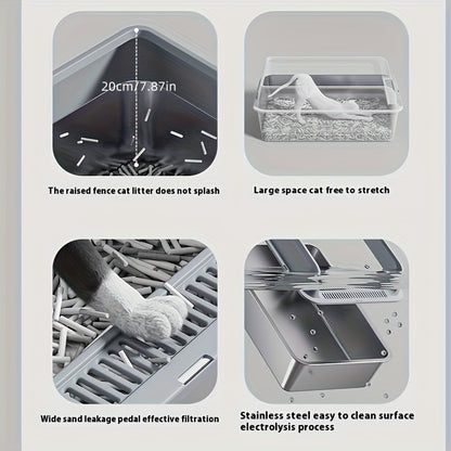 Large Stainless Steel Cat Litter Box with Scoop Metal Tray Suitable for Big Cats