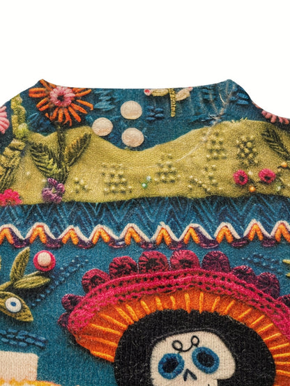 All-Over Print Undead Couple Pattern Thick Casual Crew Neck Long Sleeve Sweater, Round Hem, Women's Clothing