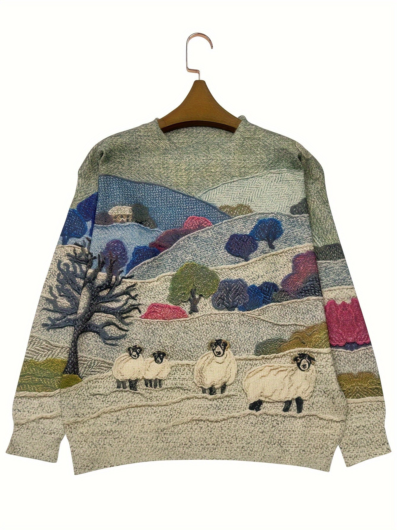 Women's Lightweight Sweater All-Over Pastoral Print with Sheep Long Sleeve Round Neck Pullover Casual Design