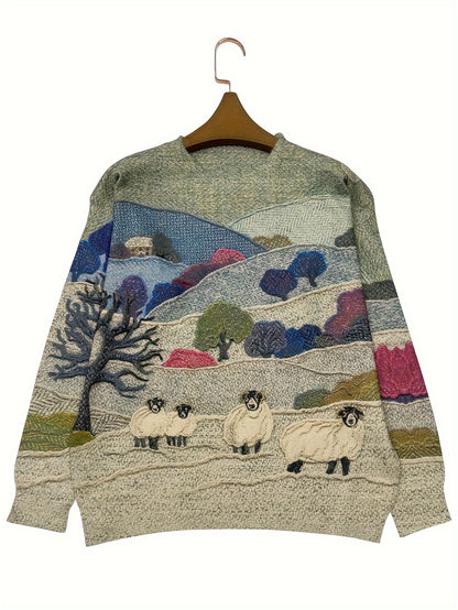 Women's Lightweight Sweater All-Over Pastoral Print with Sheep Long Sleeve Round Neck Pullover Casual Design