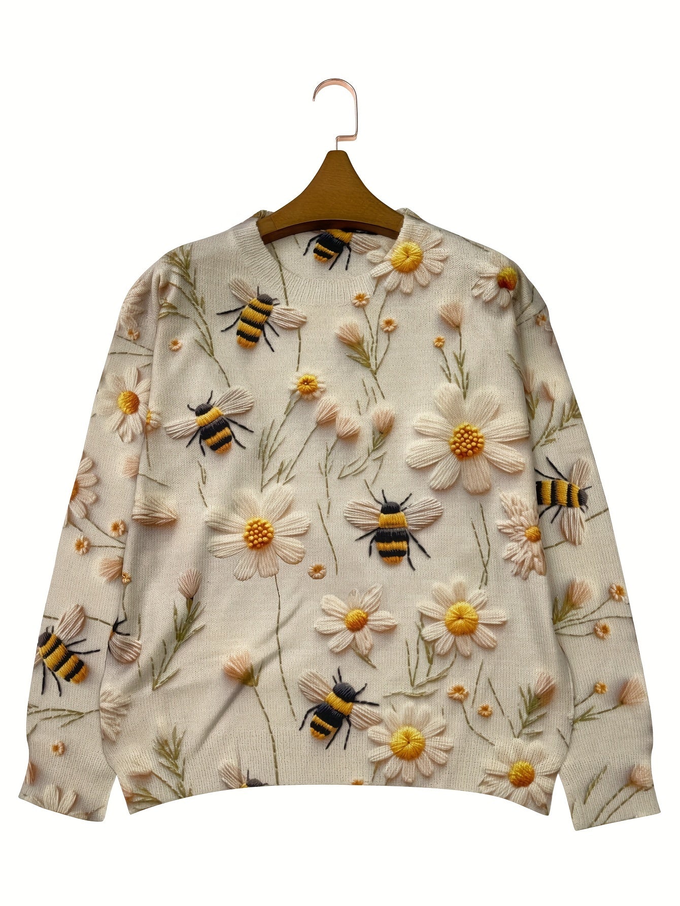 Floral ＆ Bee Pattern Crew Neck Sweater Casual Long Sleeve For Fall & Winter Women's Clothing