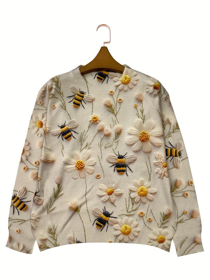 Floral ＆ Bee Pattern Crew Neck Sweater Casual Long Sleeve For Fall & Winter Women's Clothing