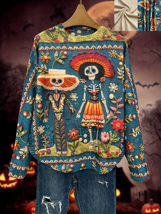 All-Over Print Undead Couple Pattern Thick Casual Crew Neck Long Sleeve Sweater, Round Hem, Women's Clothing