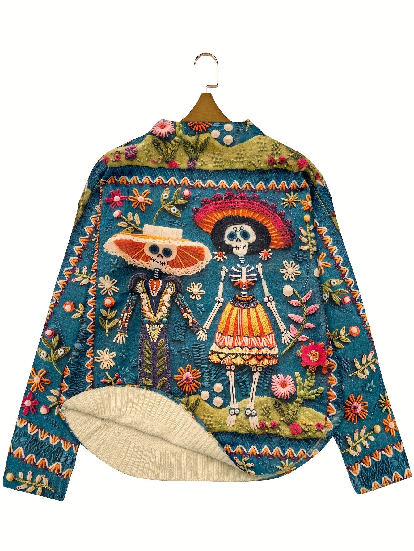 All-Over Print Undead Couple Pattern Thick Casual Crew Neck Long Sleeve Sweater, Round Hem, Women's Clothing