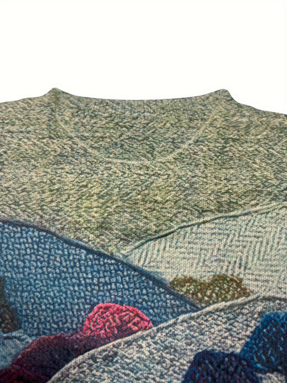 Women's Lightweight Sweater All-Over Pastoral Print with Sheep Long Sleeve Round Neck Pullover Casual Design