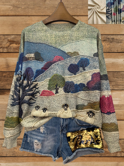 Women's Lightweight Sweater All-Over Pastoral Print with Sheep Long Sleeve Round Neck Pullover Casual Design