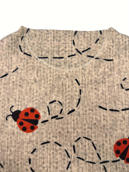 Women's Casual Crew Neck Long Sleeve Sweater with 3D Ladybug Print Spandex Knit Fabric All-Season Regular Fit Top
