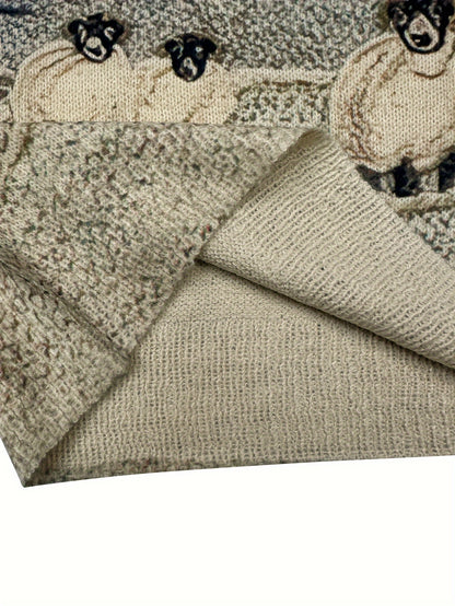 Women's Lightweight Sweater All-Over Pastoral Print with Sheep Long Sleeve Round Neck Pullover Casual Design